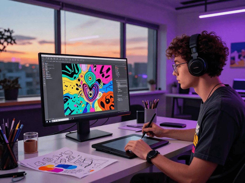 Artist creating vibrant digital artwork exploring nsfw ai themes in a modern studio.