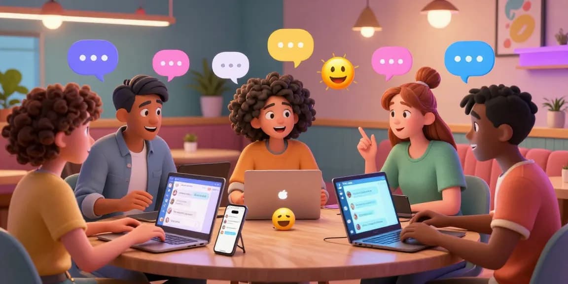 Engaging NSFW AI chat scene with diverse characters in a vibrant digital café setting.