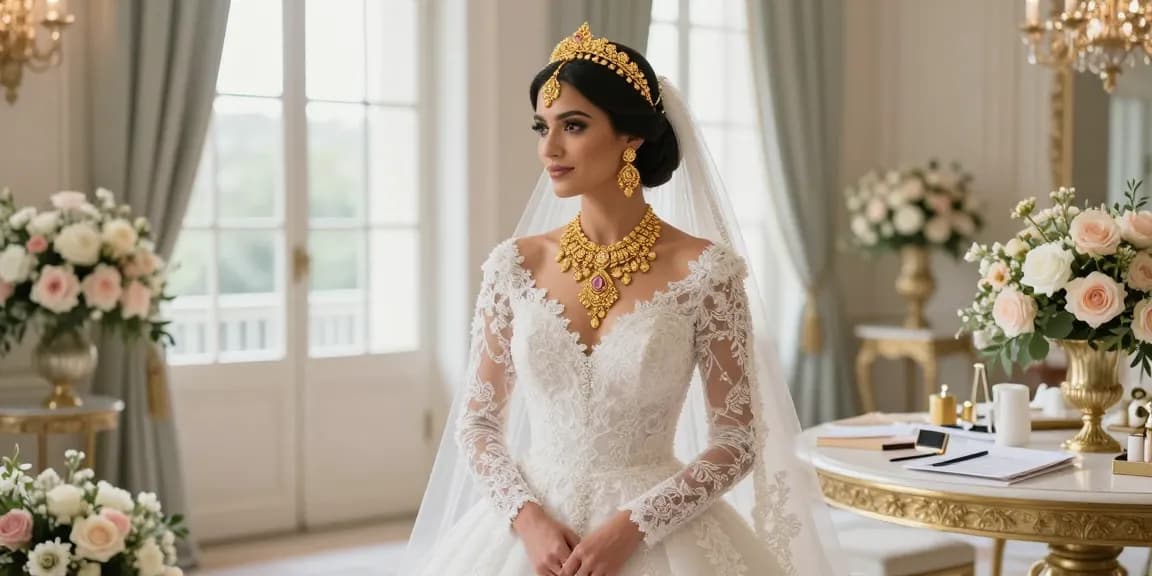 Bridal gold jewellery set displayed elegantly on a bride, showcasing intricate designs in a romantic setting.