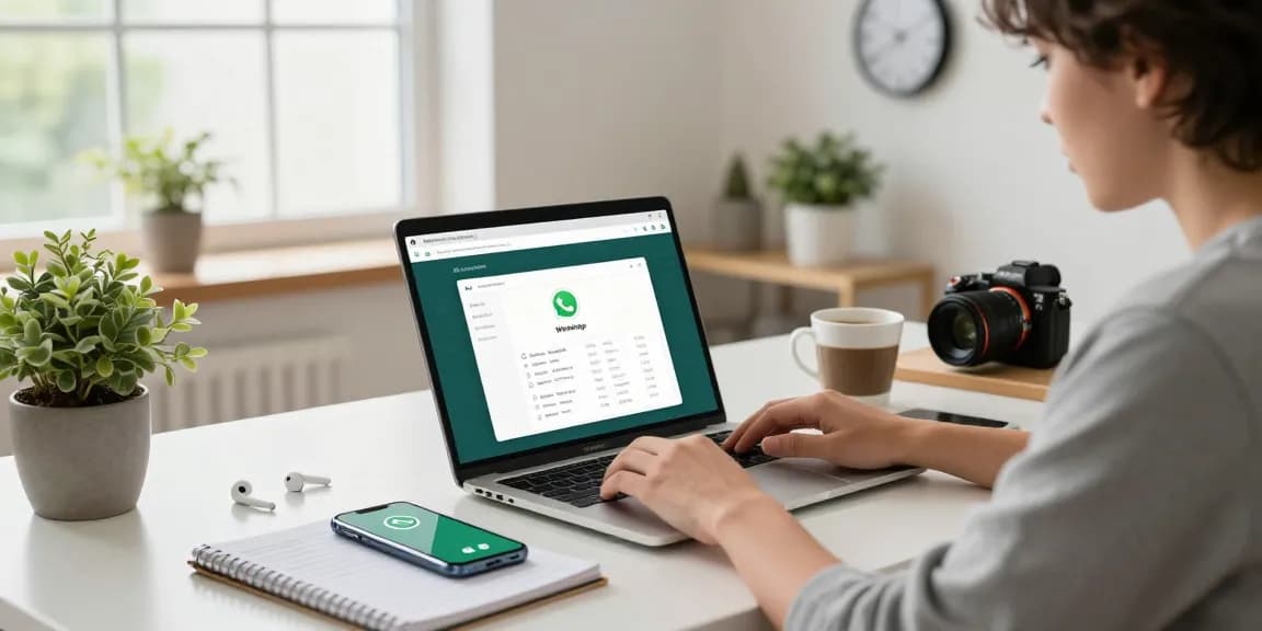 WhatsApp電腦版 on a laptop in a modern home office setting, showcasing professional workspace with technology.
