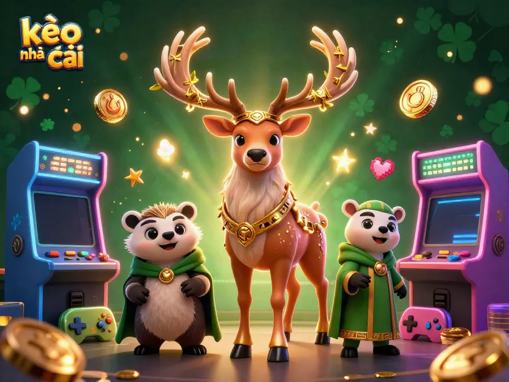 Engage with kèo nhà cái through a vibrant 3D scene featuring a Celtic stag, a wise badger, and gaming elements.