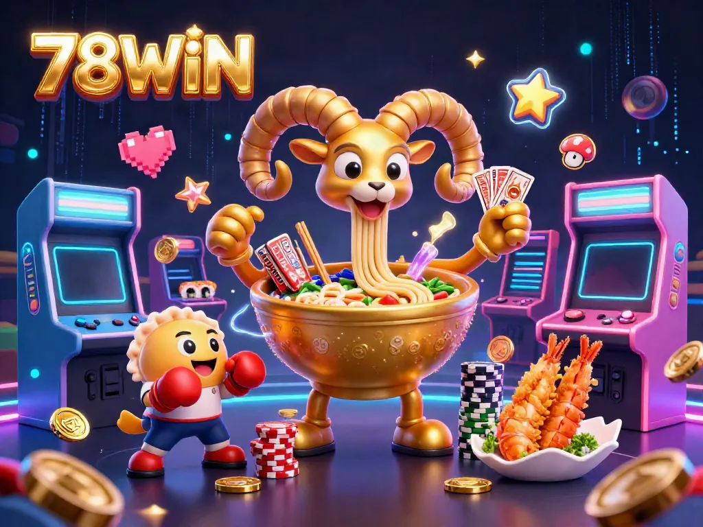 Engage with 78WIN: Experience the dynamic world of animated casino games featuring a giant ramen bowl dealer and vibrant elements.