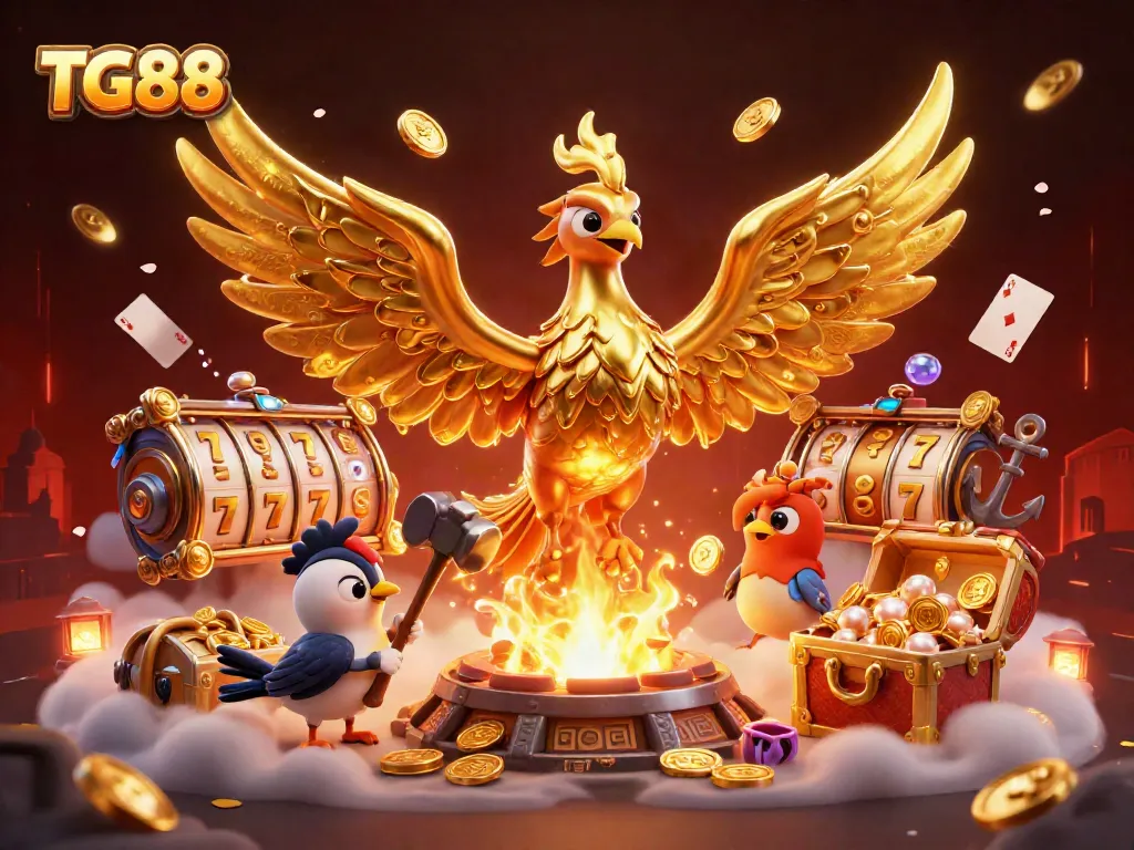 Experience thrilling jackpots with TG88's appealing slot game illustration, showcasing a golden phoenix amidst gold coins.