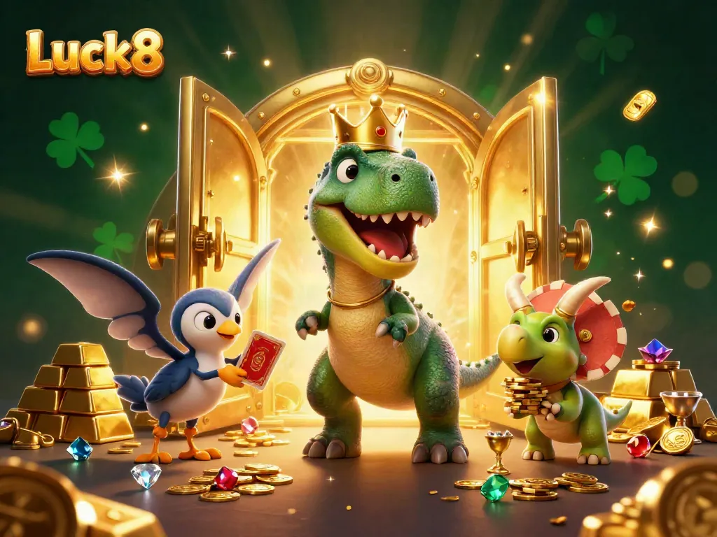 Luck8 illustration featuring a T-Rex shuffling cards with its tiny arms and a triceratops stacking chips.