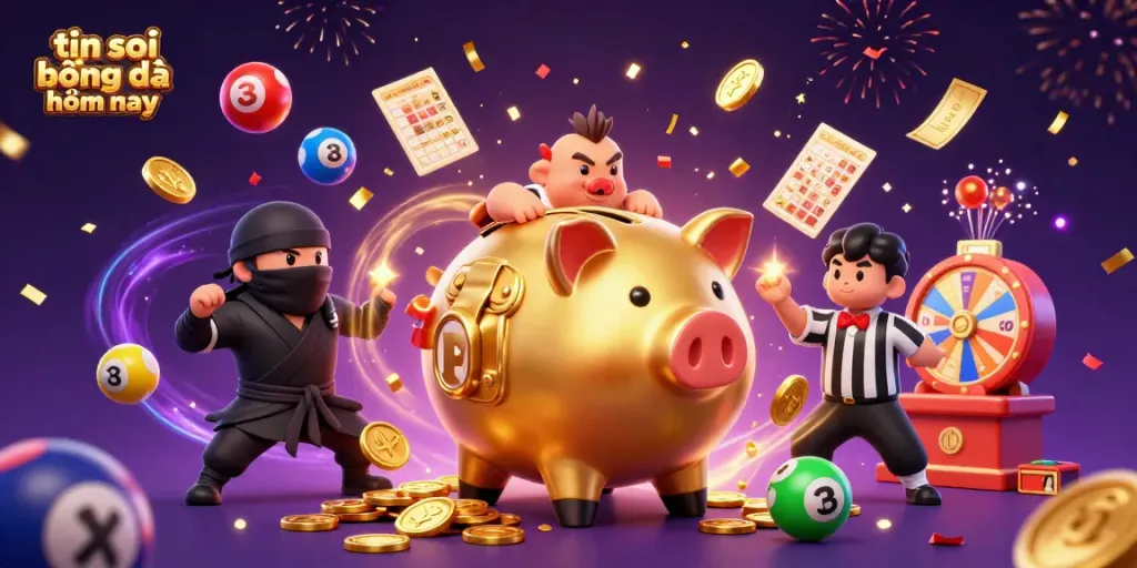 Engaging scene with the tin soi kèo bóng đá hôm nay mascot firing coins, showcasing lively gambling activities.