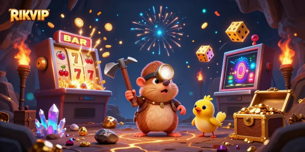 Engage with RIKVIP's thrilling gaming experience in a vibrant 3D casino scene.