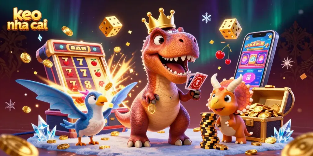 Engage with keo nha cai's thrilling casino action featuring a T-Rex and vibrant game elements.