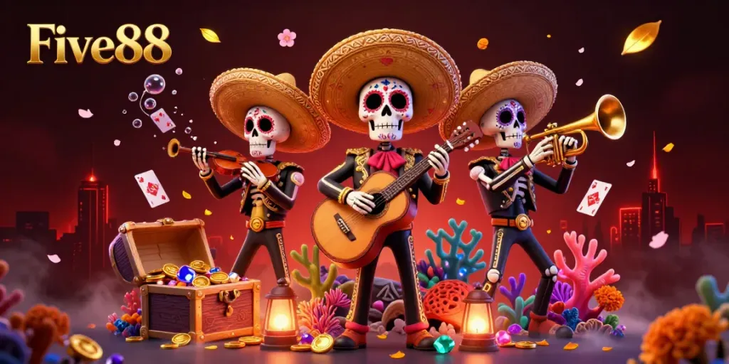 Engage in exciting casino action with Five88's vibrant skeleton mariachi band amid a treasure of gold.