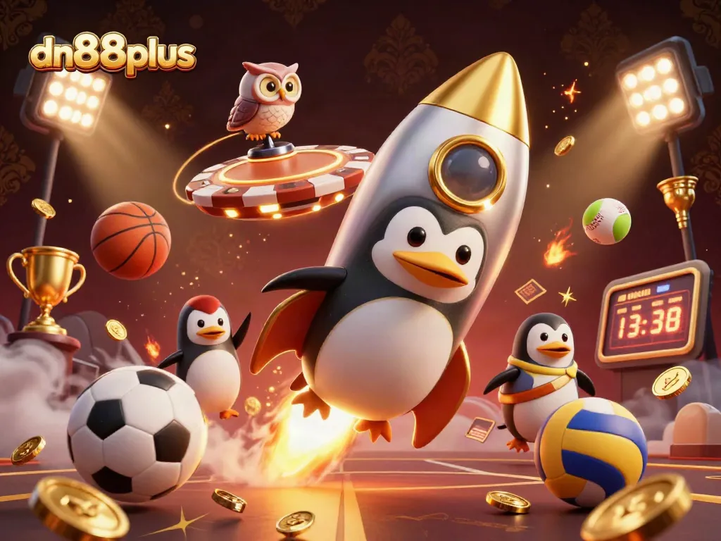 Betting with dn88plus: Join the golden penguin's thrilling space journey to a vibrant casino.