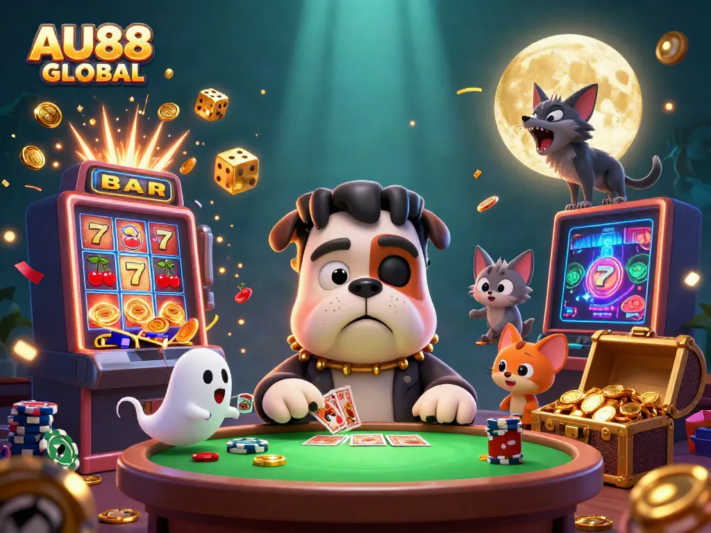 Experience the thrills at AU88 GLOBAL with a vibrant 3D casino scene featuring monster characters and jackpots.