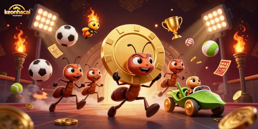Engage in keonhacai action with a playful illustration of ants on a heist for golden poker chips.