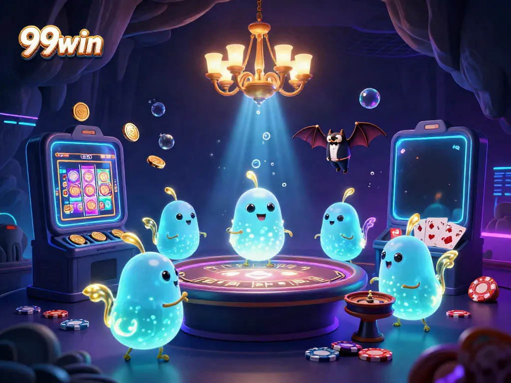 Experience the vibrant glow of 99win as glowworms light up a magical cave casino.