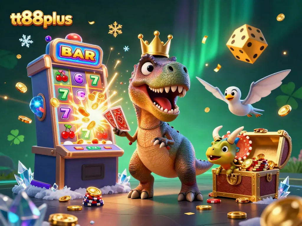 tt88plus interactive 3D casino scene with T-Rex shuffling cards and golden chips stacked