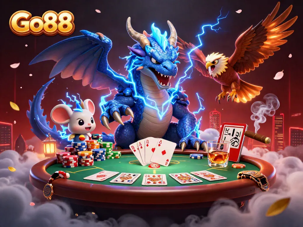 Engage with Go88's thrilling poker scene featuring dynamic characters and vibrant game elements.