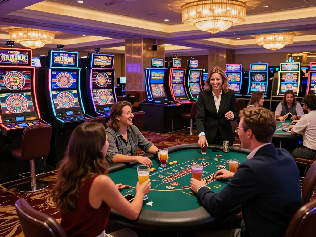 Engaging scene at a uk casino not on gamstop with vibrant slot machines and social gaming.