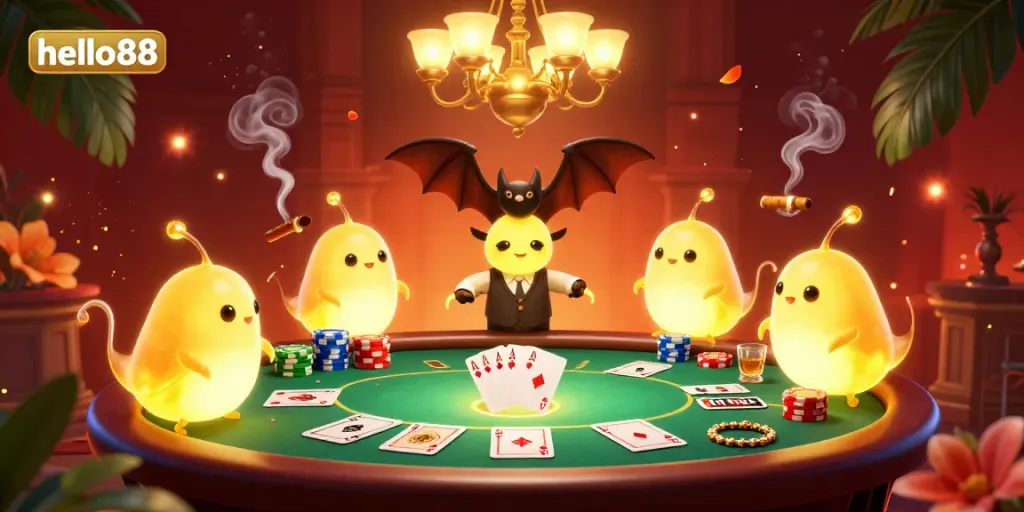 Experience the thrilling casino atmosphere of hello88 as glowworms illuminate the scene with poker action.