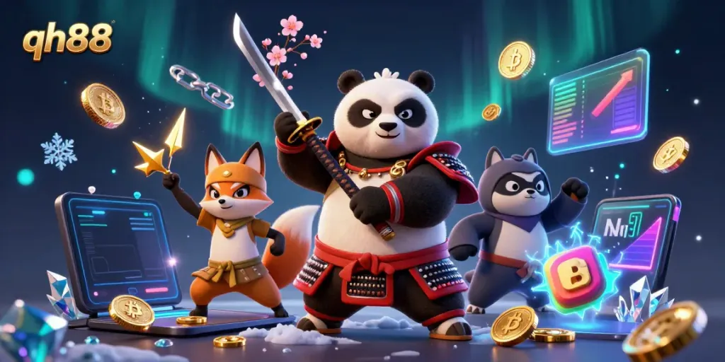 Engage in thrilling action at qh88 with samurai panda and ninja fox amidst Bitcoin and Ethereum coins.