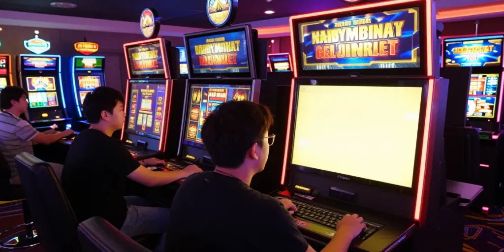 Dynamic online gaming environment featuring players at a uk casino not on gamstop, with engaging slot machines and vibrant atmosphere.