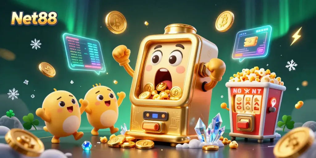 Experience the excitement of Net88 with a cartoon slot machine hitting a jackpot amidst crypto symbols.