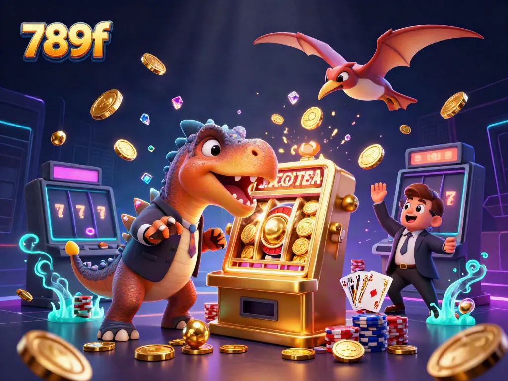 Experience the excitement of 789f with a playful dinosaur winning jackpots at a vibrant casino scene.