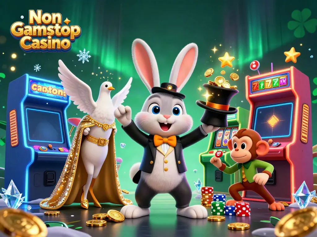 Experience the thrill of Non Gamstop Casino with a vibrant 3D magician rabbit and casino elements.