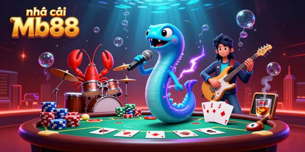 Experience the vibrant energy of nhà cái Mb88 with a dynamic underwater casino scene featuring a DJ eel and a lively band.
