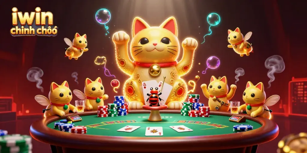 Engage in gameplay at iwin chính chủ with a vibrant 3D illustration showcasing a golden lucky cat and poker elements.