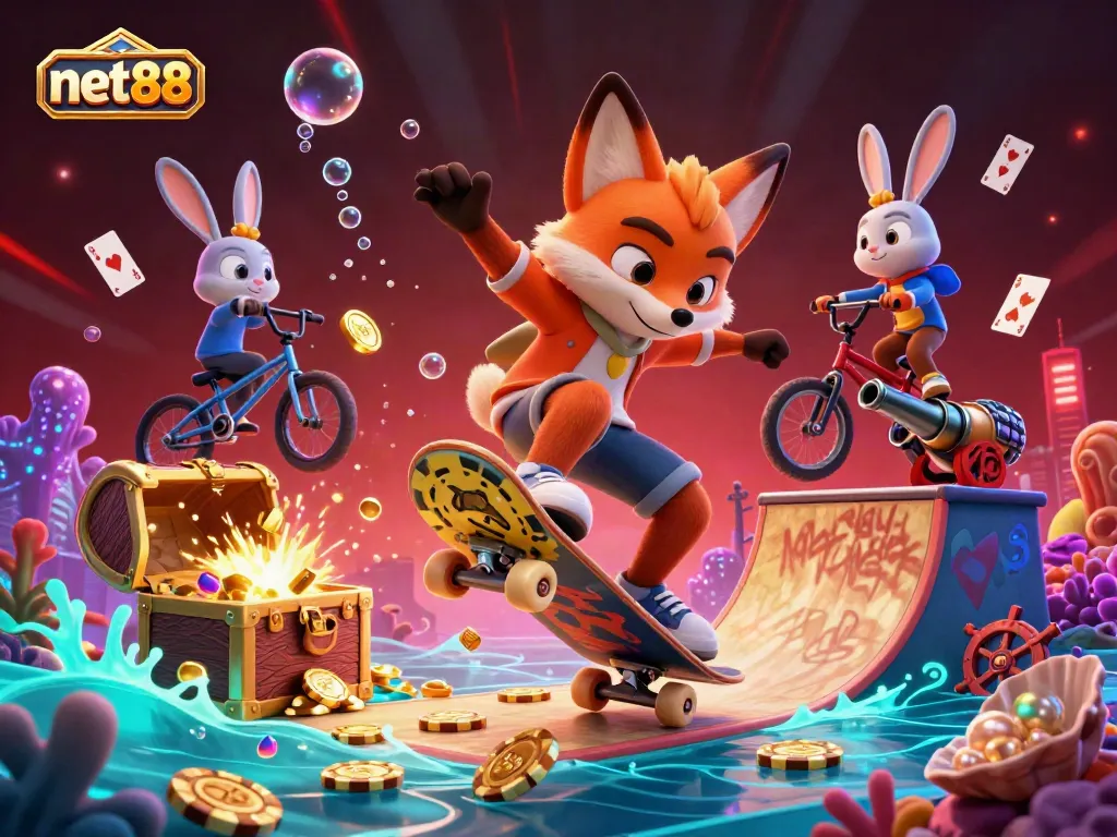 Experience net88's vibrant casino atmosphere with a skateboarder fox and BMX rabbit in an action-packed digital scene.
