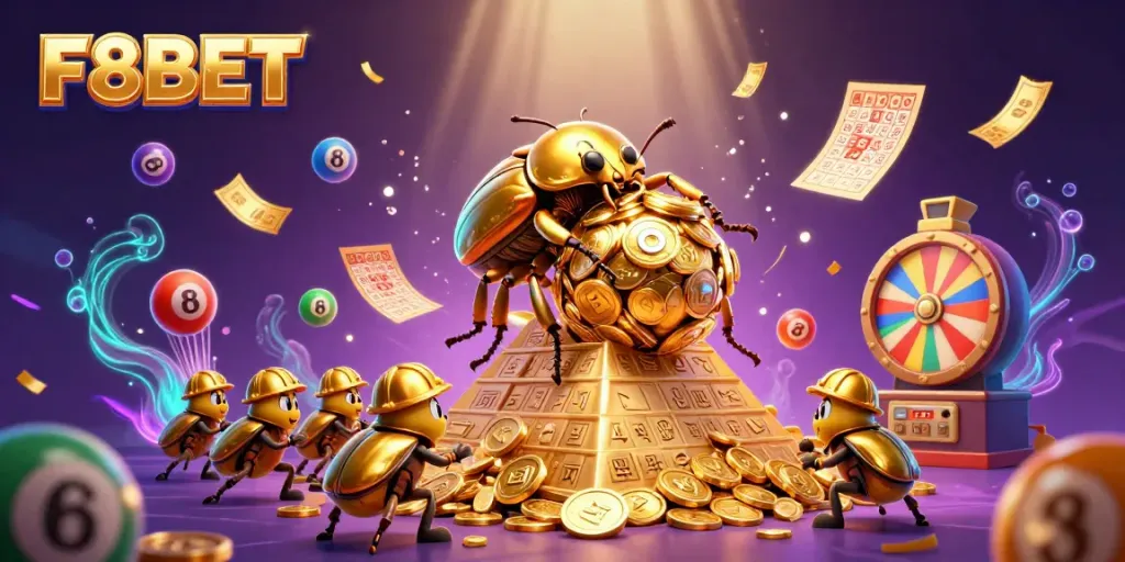 Engage with F8BET by exploring thrilling casino experiences with colorful lottery elements and golden treasures.
