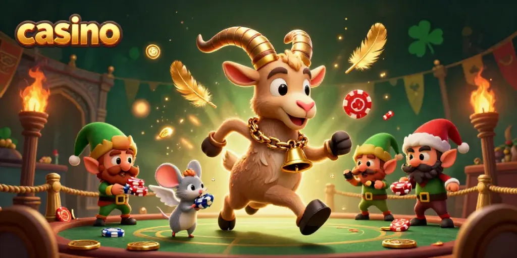 Experience a thrilling casino scene with Krampus and playful characters amidst golden particles and enchanting effects.