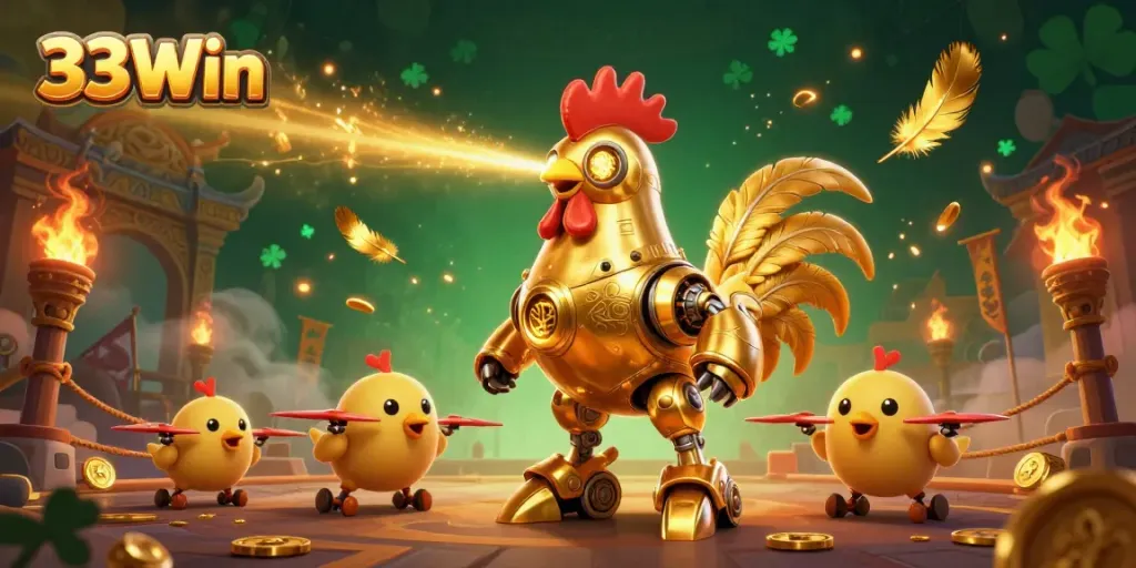 Experience thrilling moments at 33Win with a futuristic rooster robot leading a vibrant casino scene.