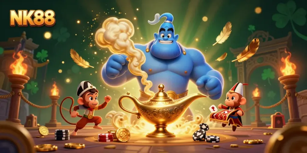 Engage with dynamic NK88 casino action featuring a genie and magical elements in a vibrant atmosphere.