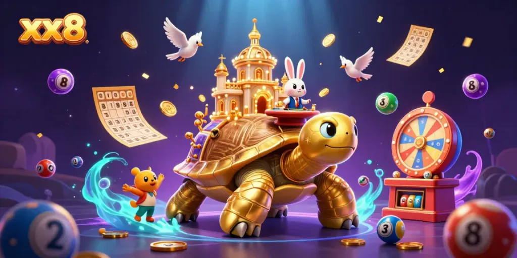 Experience the vibrant world of xx8 with a dynamic casino scene featuring a golden tortoise and rabbit dealer.