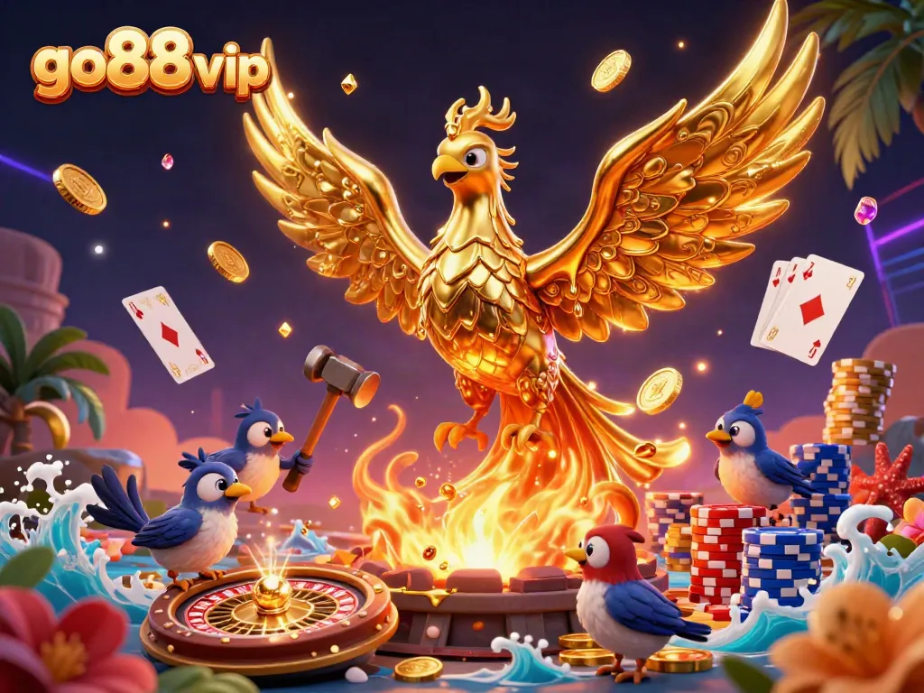 Experience the excitement of go88 vip with a molten golden phoenix surrounded by casino symbols.
