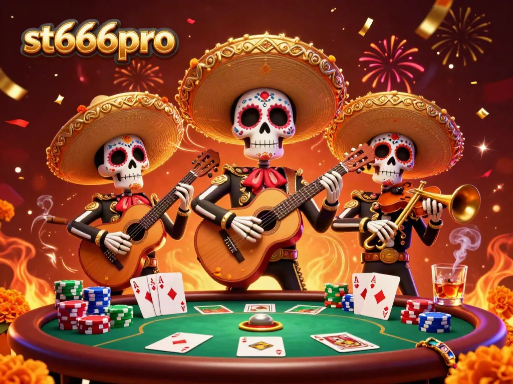 st666pro celebrates gambling with a vibrant mariachi scene featuring poker elements and festive details