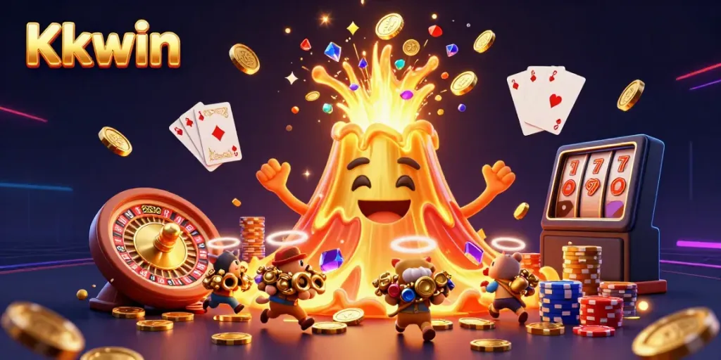 Kkwin's exciting golden volcano eruption scene with treasure and slots; a thrilling casino experience