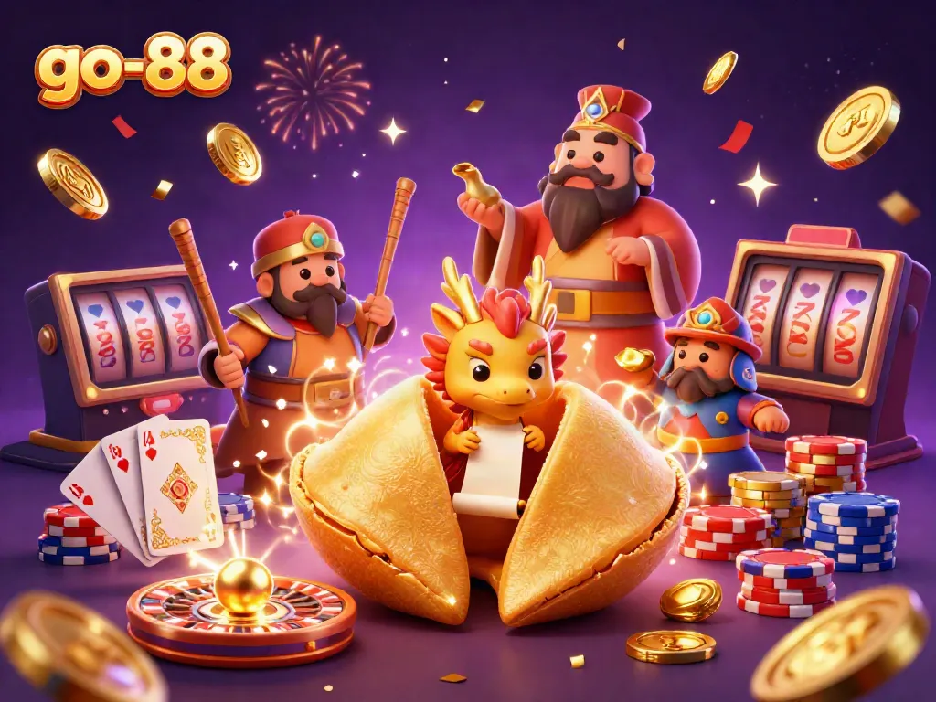 Engage with the thrilling world of go-88 as a wise dragon unveils secrets within a golden fortune cookie, amidst a dazzling casino scene.