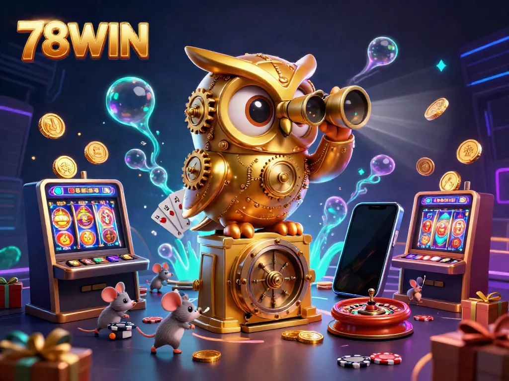 Engage with vibrant casino excitement at 78WIN, featuring a golden owl overseeing action and game elements.
