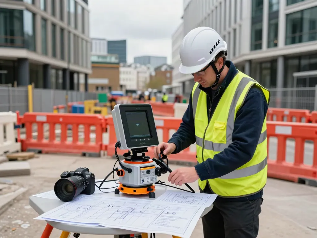 GPR Surveys London professional conducting a ground penetrating radar survey at a construction site.