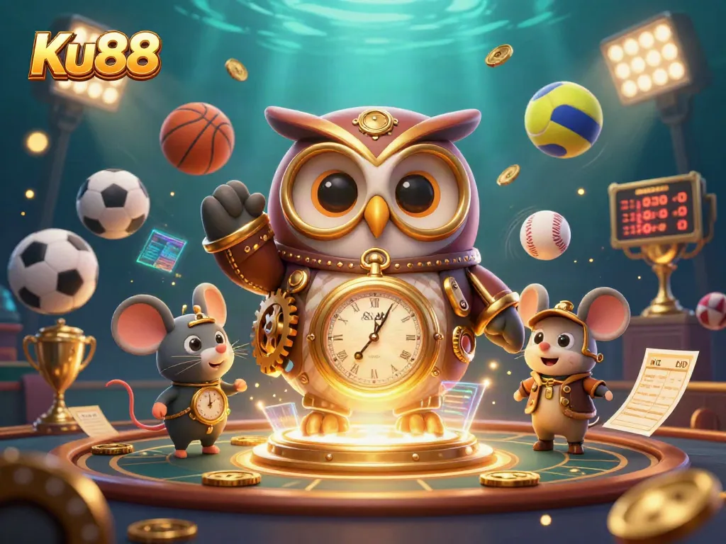 Players experience dynamic betting with Ku88 at this vibrant 3D casino scene featuring sports elements.