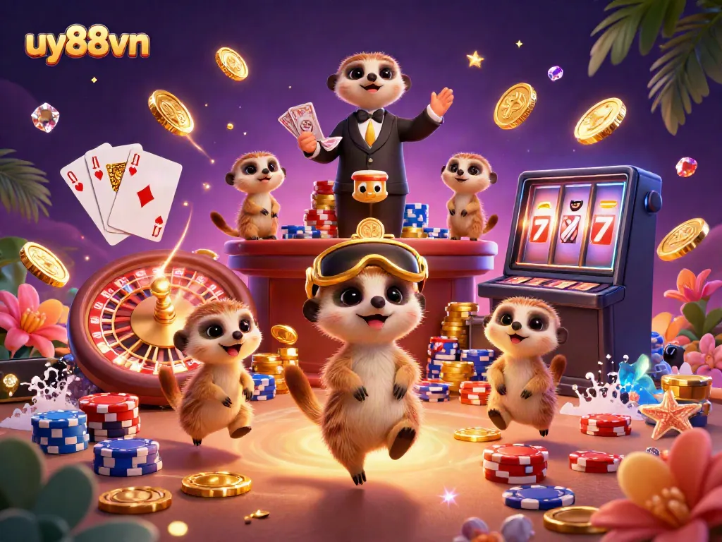 Engaging casino scene with meerkats highlighting uy88vn's gaming dynamics of fun and excitement.