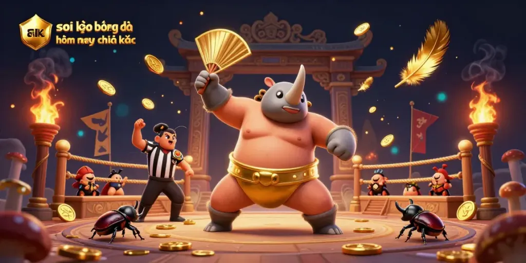 Soi kèo bóng đá hôm nay chính xác featured in a vibrant 3D illustration of a beetle sumo champion amidst dynamic betting elements.