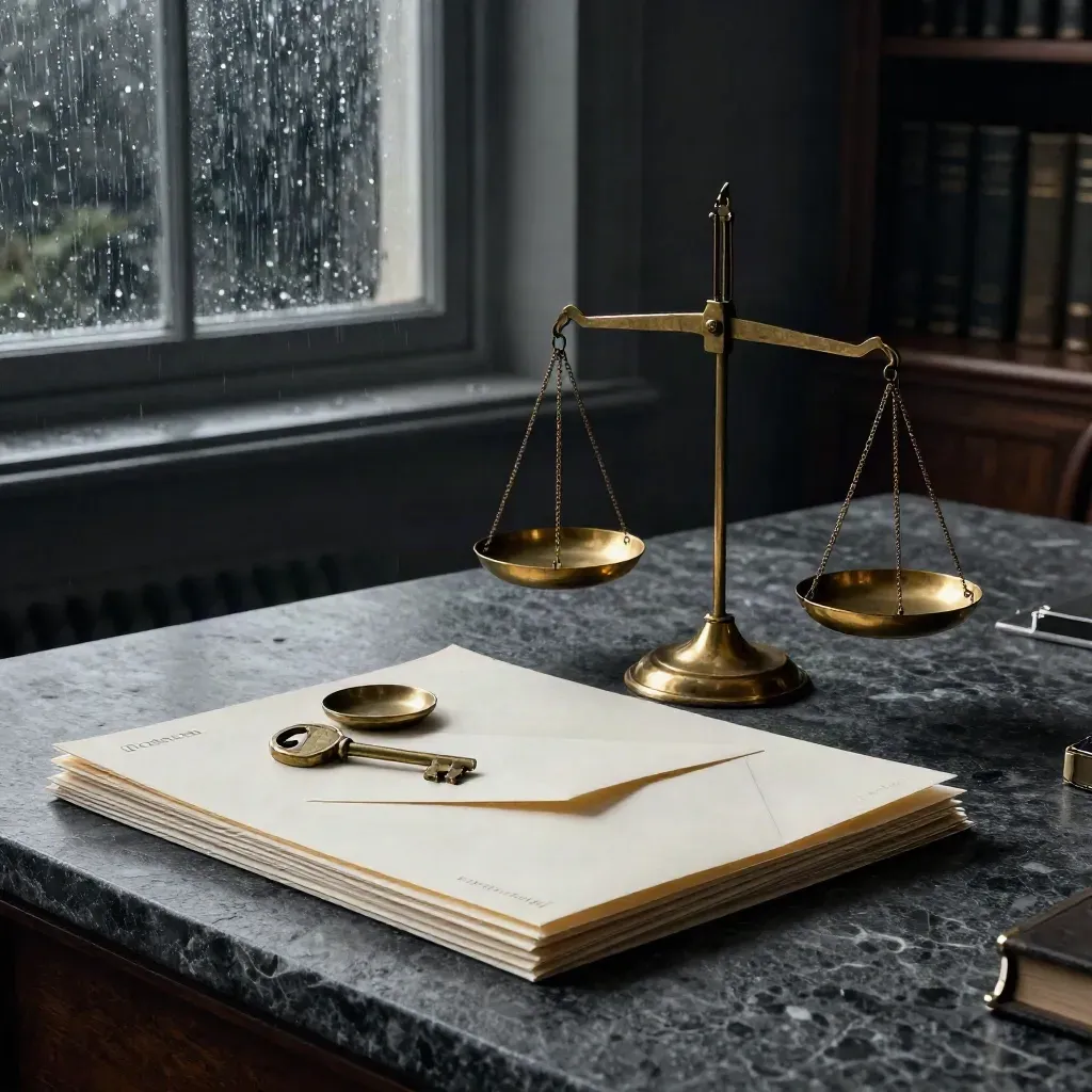Brass balance scale with folders, key and envelope in a rain-lit legal office.