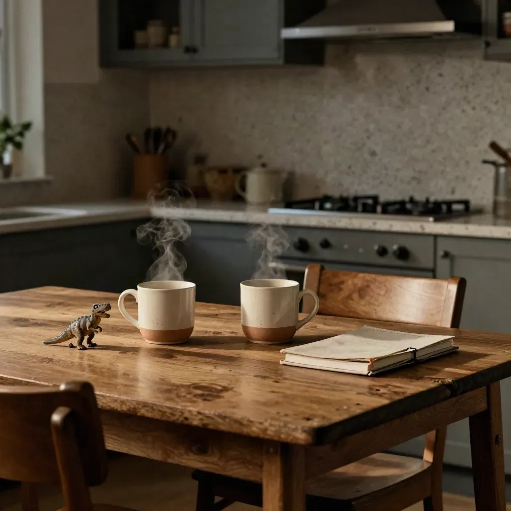 Two mugs, a toy dinosaur, and a closed notebook beside a moved-back chair in a warm kitchen.