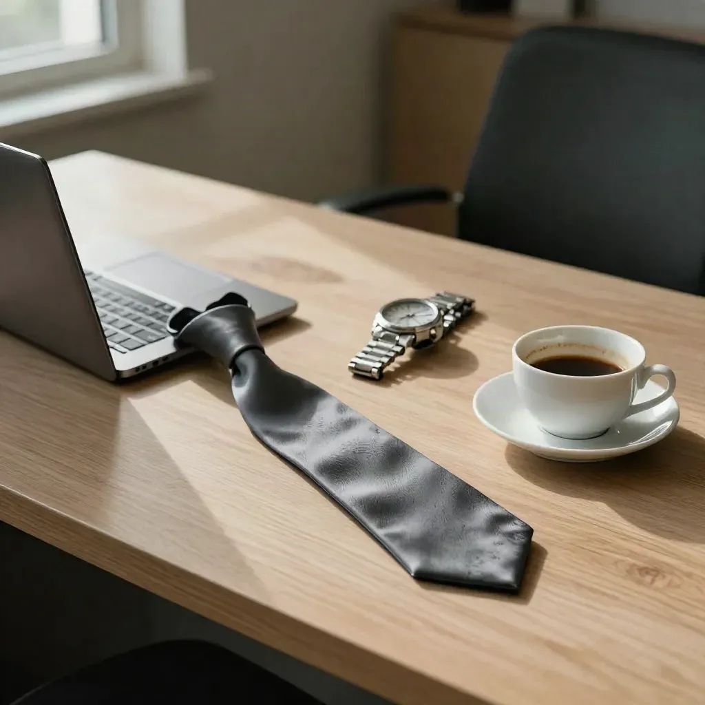 Quiet office desk after a difficult meeting: slate tie, watch, closed laptop and coffee cup by a pushed-back chair.