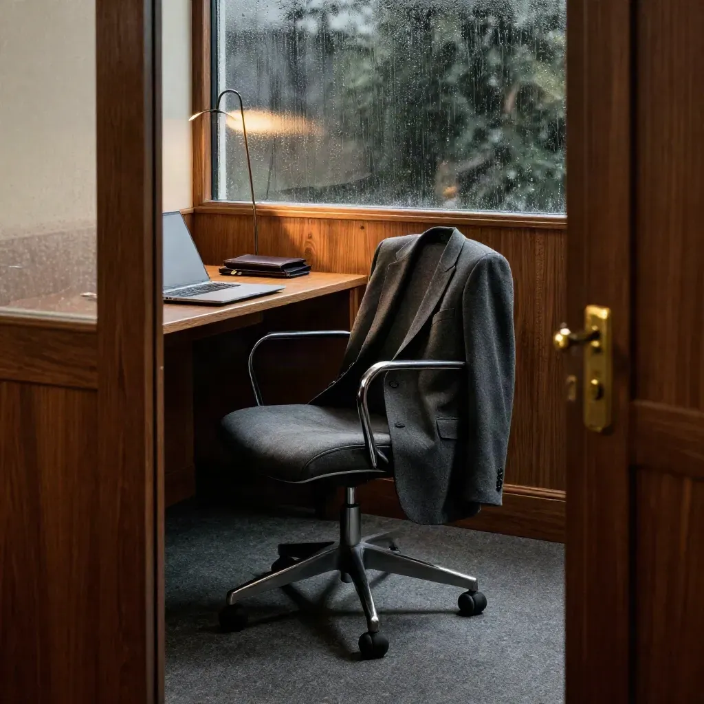 Empty swivel chair, blazer, and closed laptop in a narrow legal office after a tense meeting