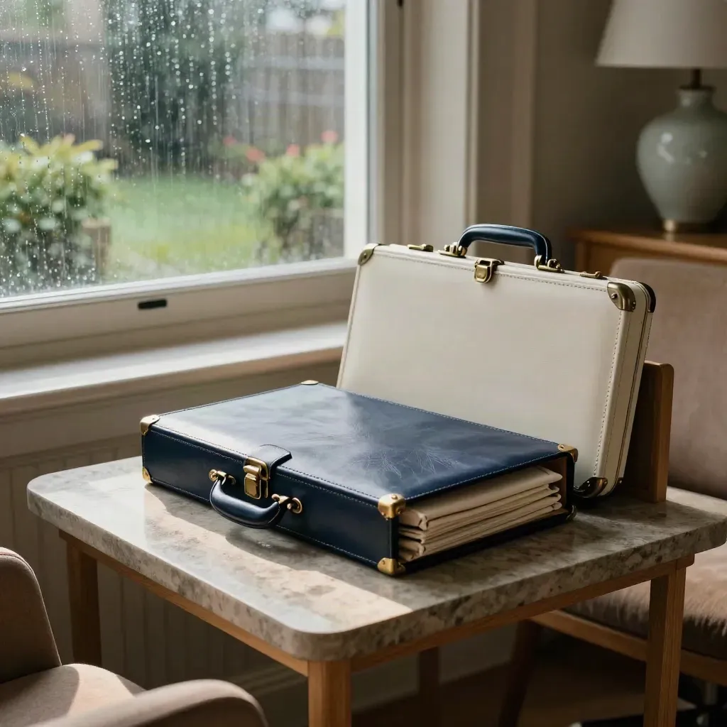 Navy legal folio on a stone table in a calm consultation room with rainy garden hedges beyond.