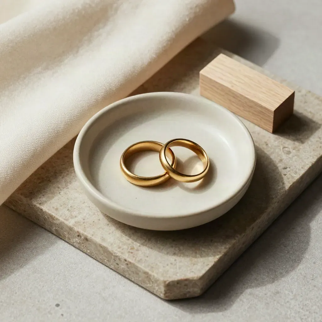 Two gold wedding bands in a ceramic dish with cloth and wood on a stone tray.