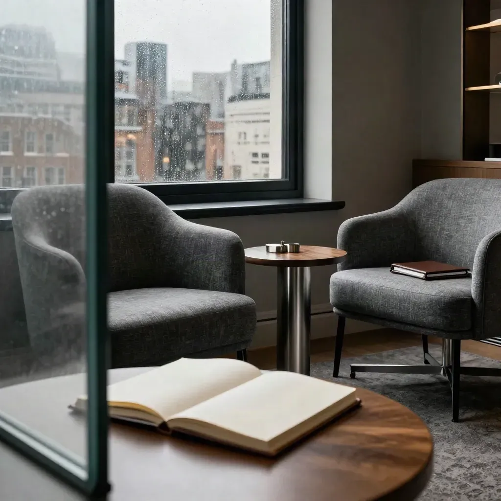 Rain-speckled London consultation room with two chairs, notebook, and city glow.
