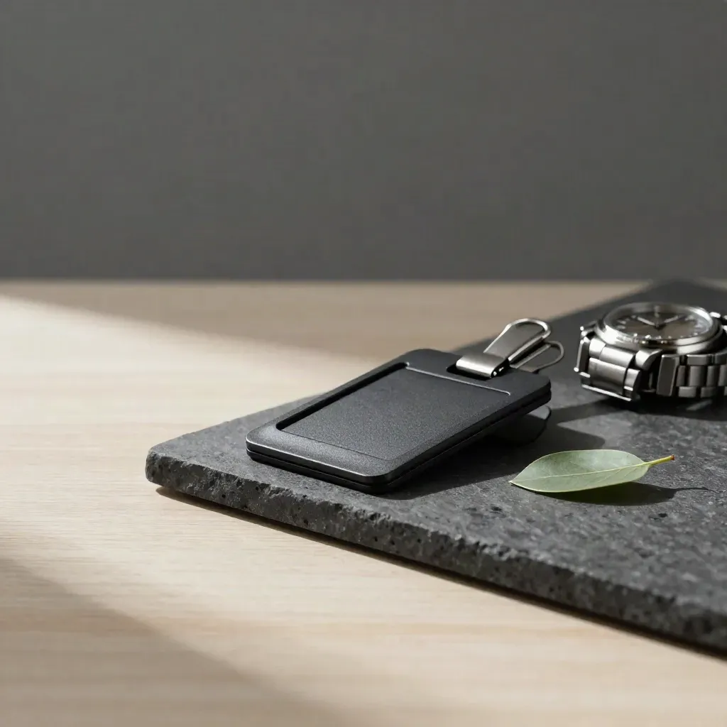 Matte black keycard holder, tie clip and steel watch on graphite tray with leaf in soft window light.